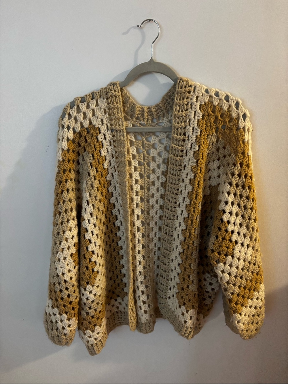 Hand-Crocheted Open Knit Cardigan Sweater - Cream & Mustard